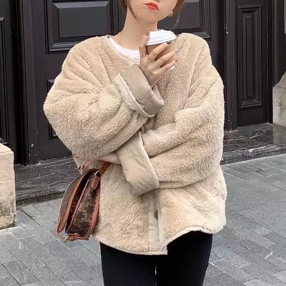 Coat jacket reversible cozy khaki beige tan pocket quilted puff women’s Teddy - Picture 8 of 13